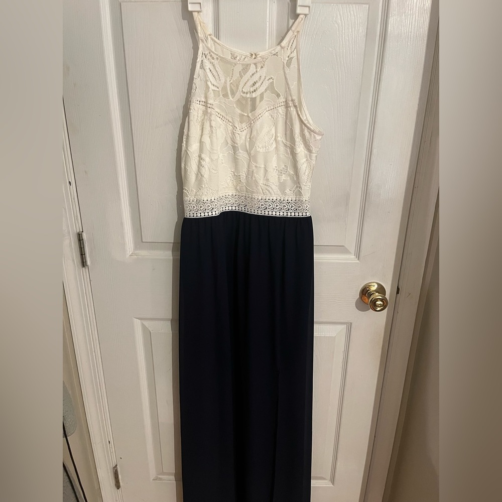 IZ Byer Cream Lace Top/Bottom Navy Blue Long Dress